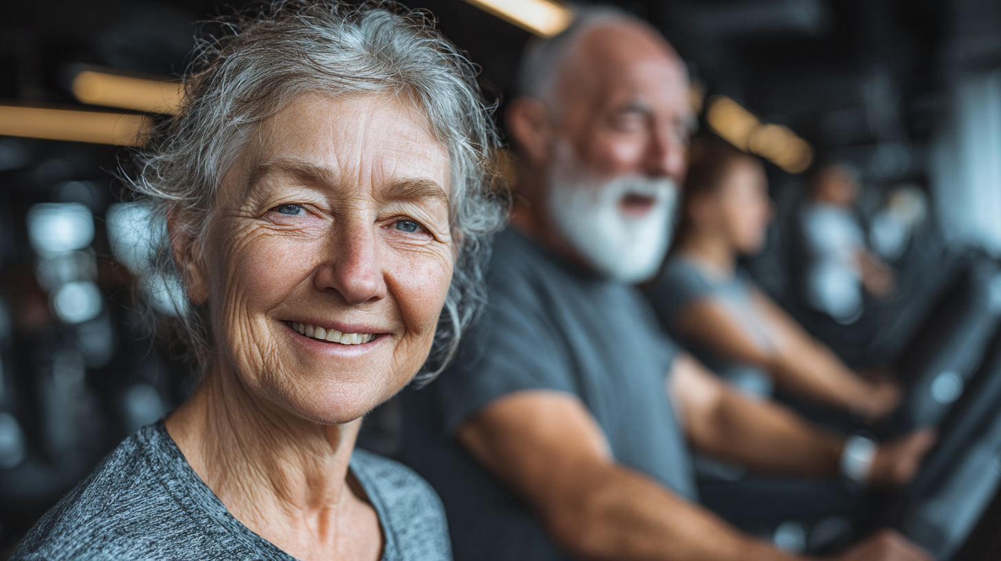 Seniori zâmbitori participând la sesiuni de fitness adaptate vârstei, în atmosferă caldă și primitoare